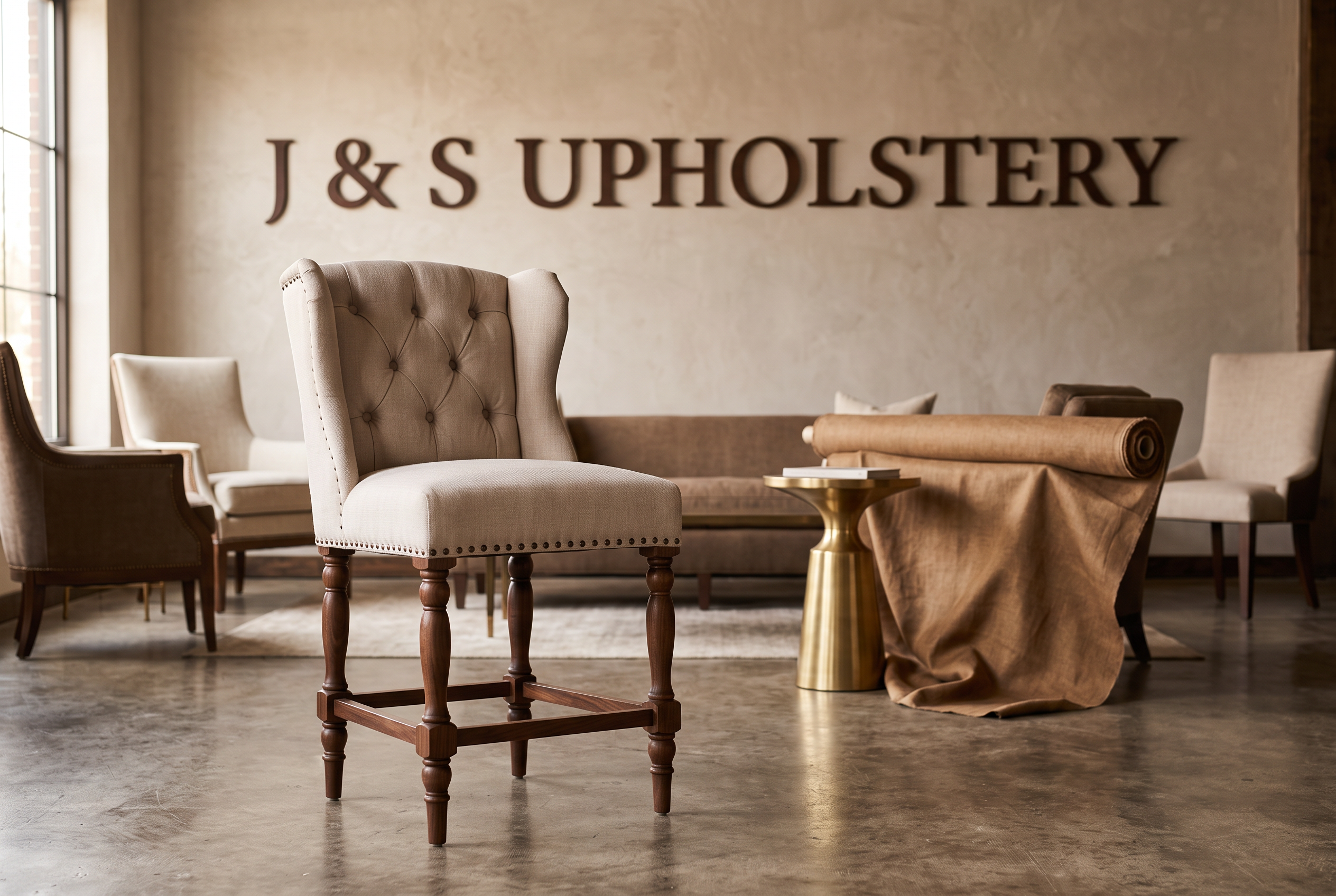 Cream tufted linen wingback counter stool in the J&S Upholstery showroom beneath J & S UPHOLSTERY wall signage
