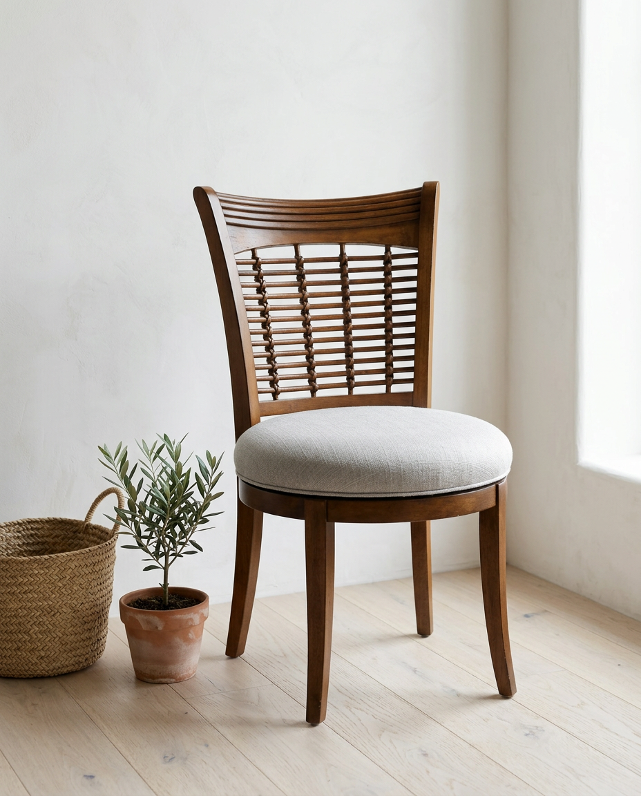 Lattice-back side chair with a round linen seat in a clean, casual white-oak room